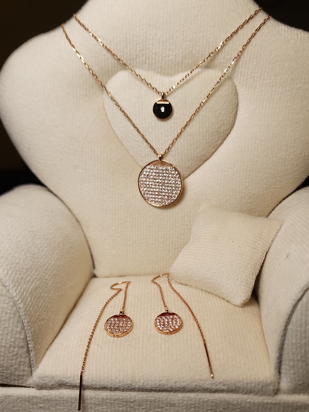 Swarovski Rose-Gold Tone Pave Disc Pendant  Necklace and Earrings Set